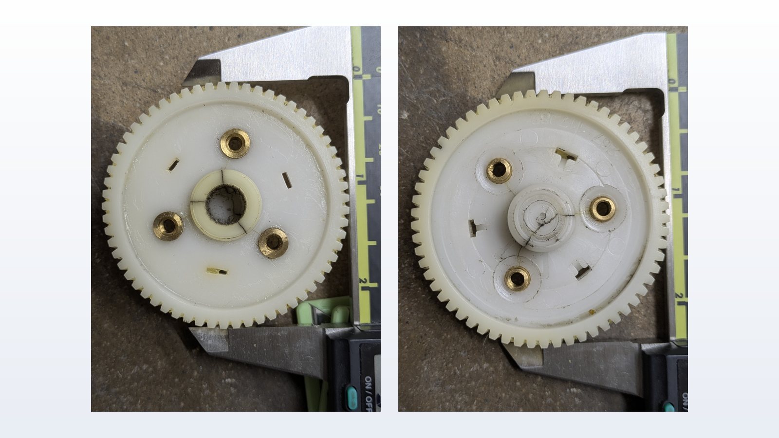 Original cracked actuator gear measured with calipers