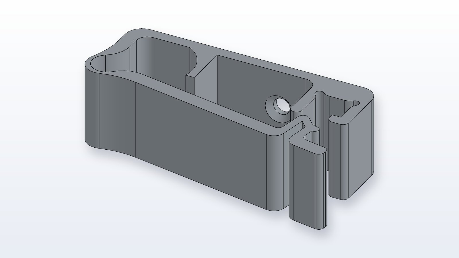 Snap-in cable clip CAD model — angled view
