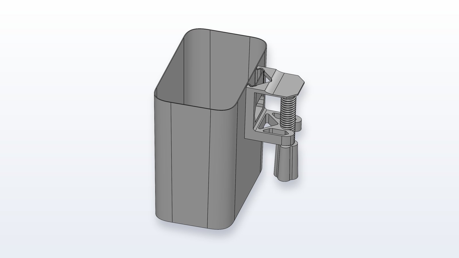 Clamp-on desk bin CAD model with the screw clamp