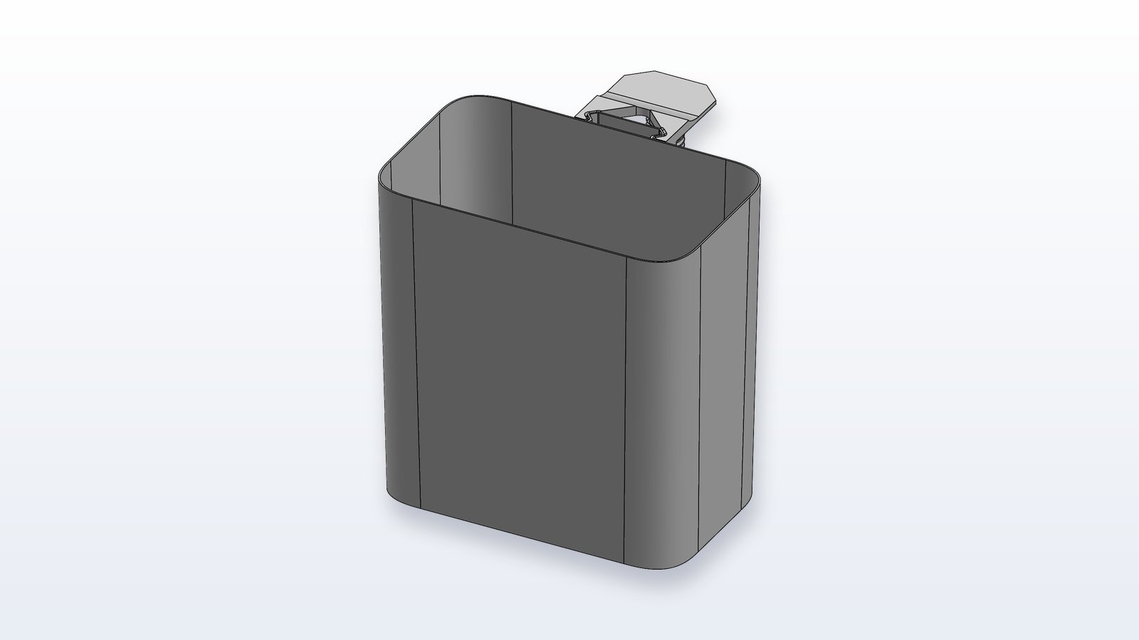 Clamp-on desk bin CAD model — angled view