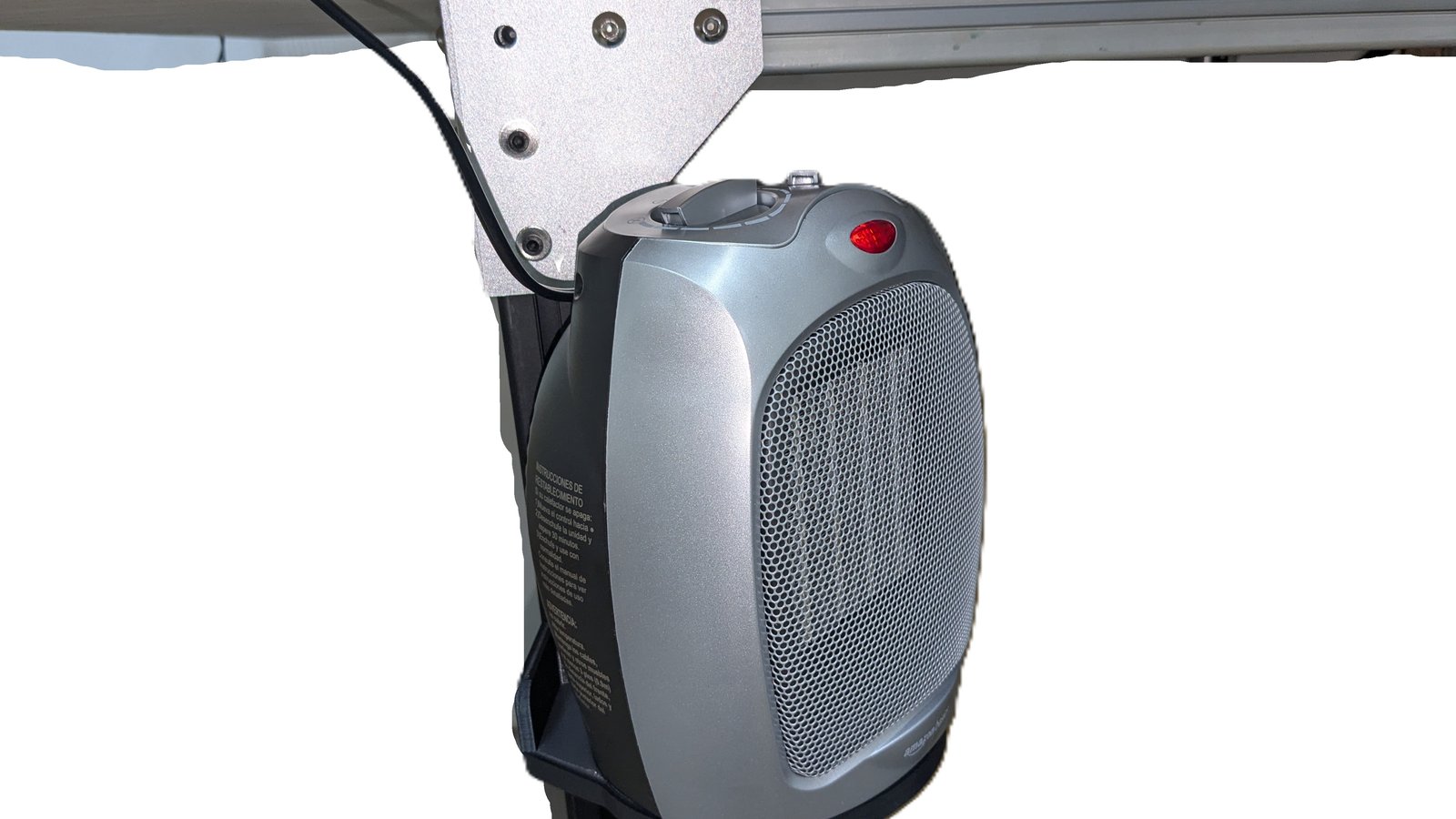 Space heater held under the desk by the printed mount