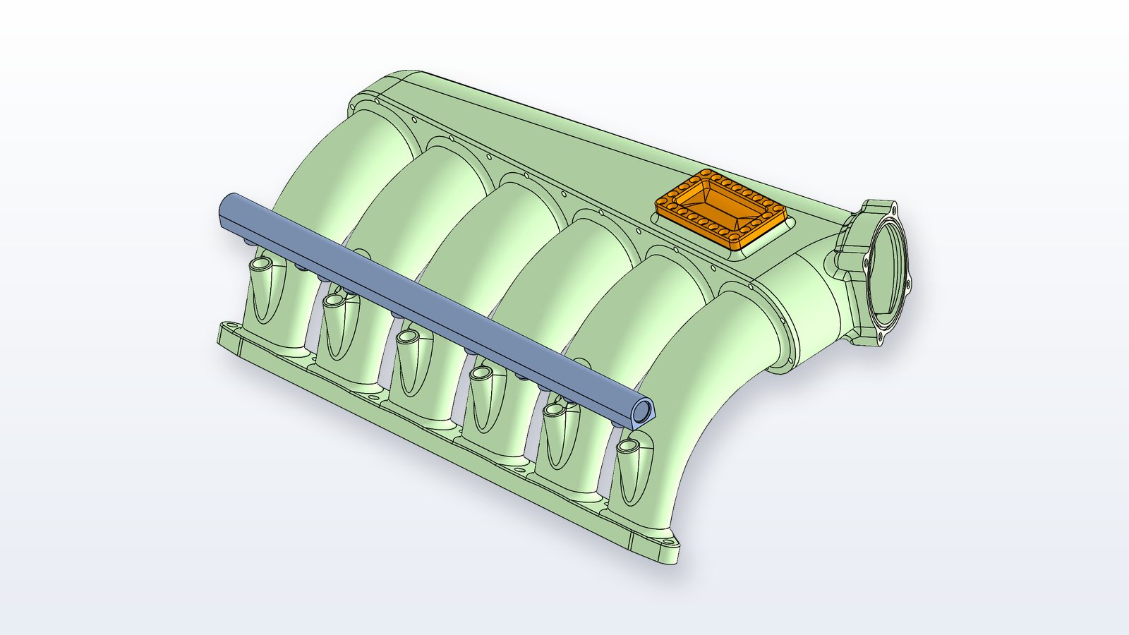 Six-runner intake manifold CAD model — angled view