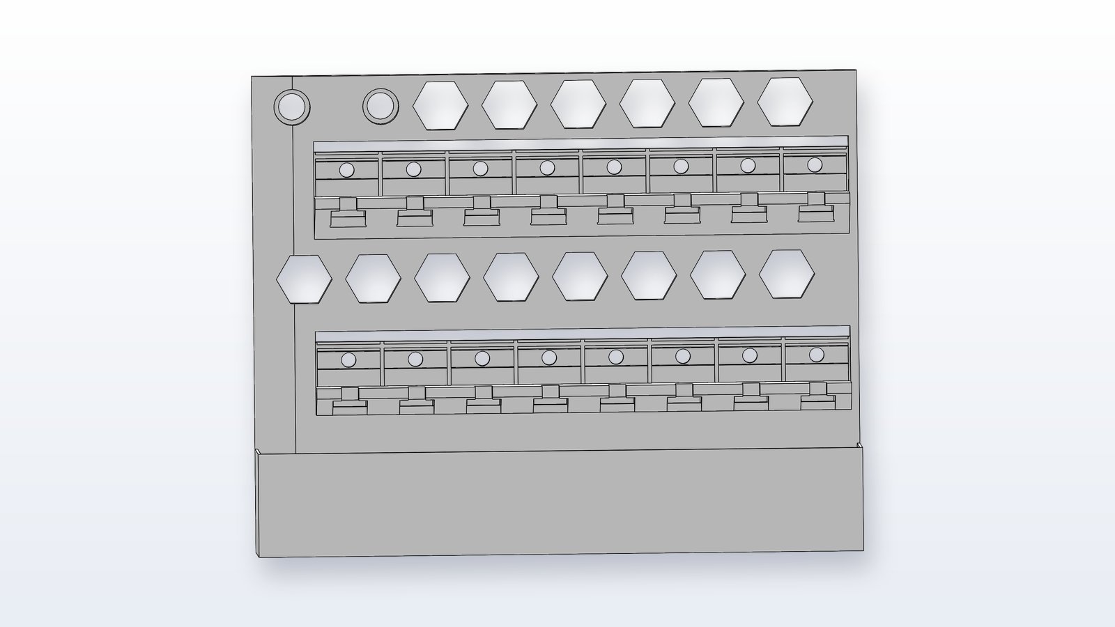 Nozzle rack CAD model — front view