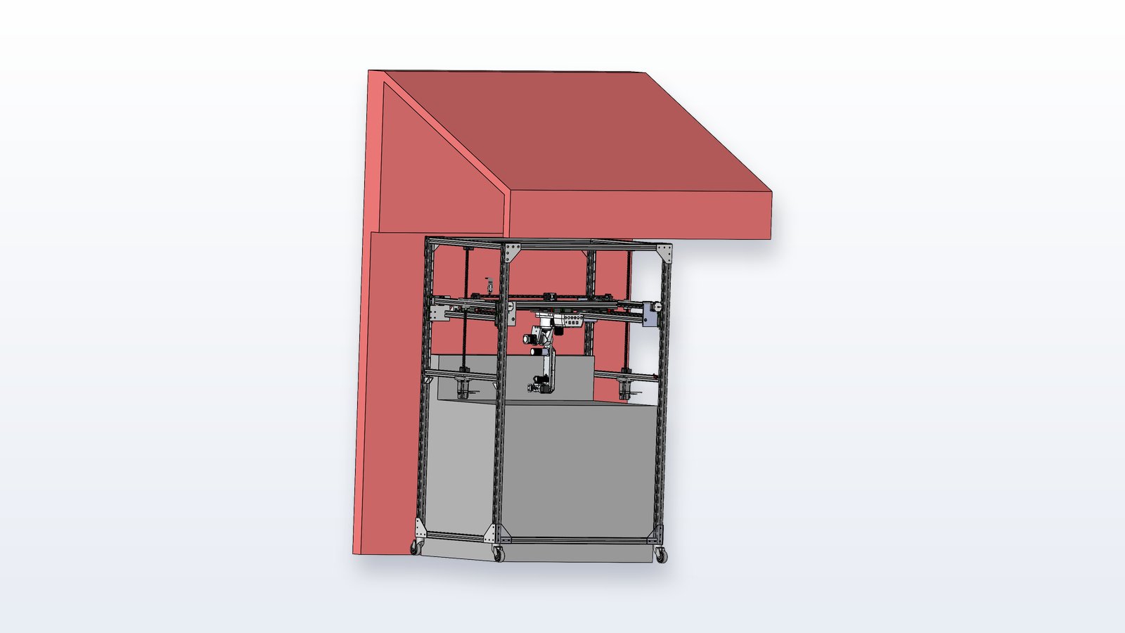 Robotic fry-station gantry CAD model under a kitchen hood