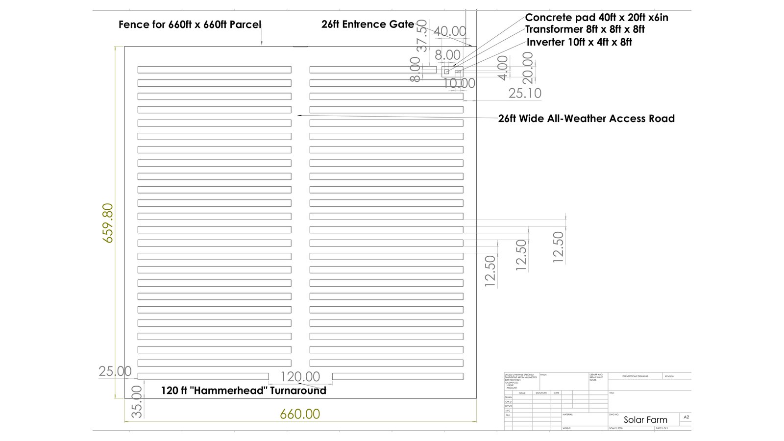 Solar farm site plan drawing with dimensions and callouts