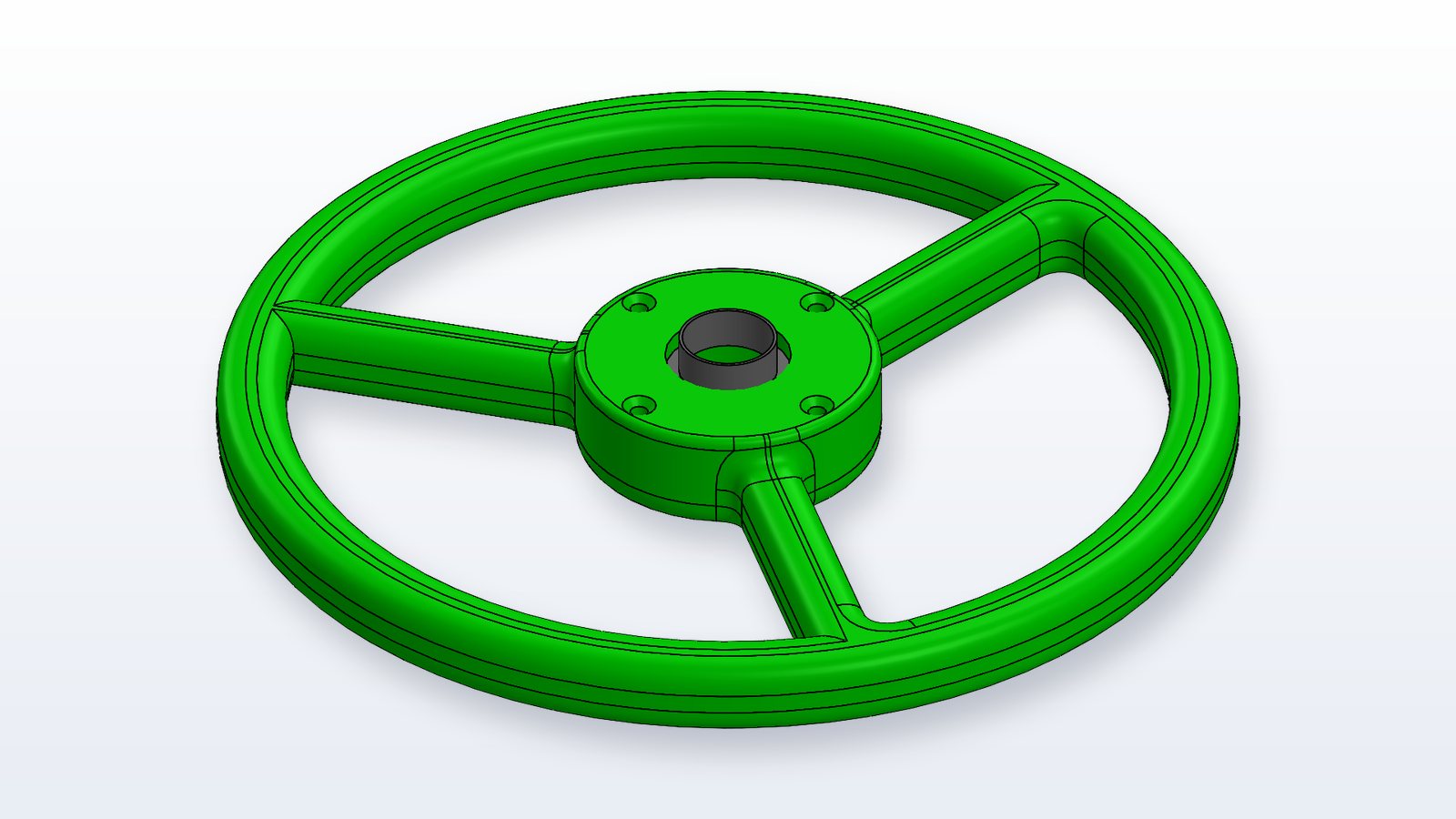 Three-spoke toy steering wheel CAD model — angled view